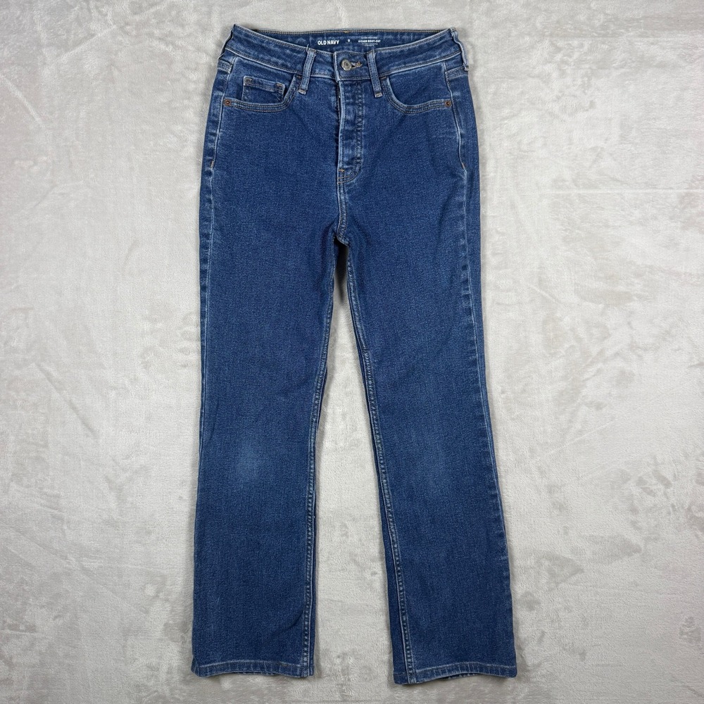 Old Navy Extra High Rise Kicker Boot Cut Jeans Womens 0 Petite Dark Wash Stretch